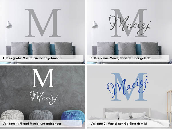 Verschiedene Anordnungen des Wandtattoos Maciej