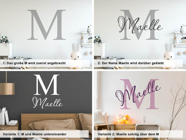 Verschiedene Anordnungen des Wandtattoos Maelle