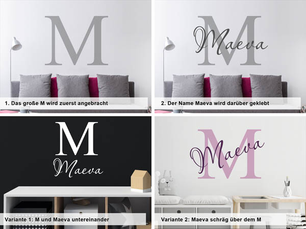 Verschiedene Anordnungen des Wandtattoos Maeva