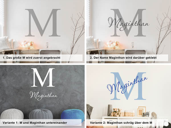 Verschiedene Anordnungen des Wandtattoos Maginthan