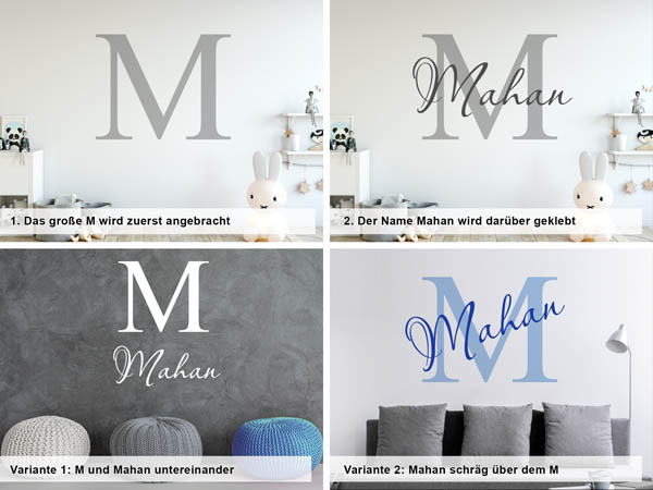 Verschiedene Anordnungen des Wandtattoos Mahan