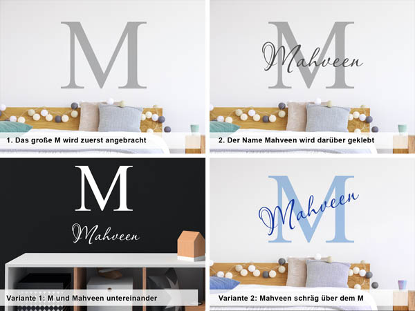 Verschiedene Anordnungen des Wandtattoos Mahveen