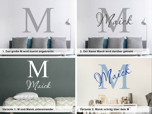 Verschiedene Anordnungen des Wandtattoos Maick