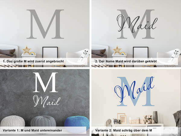 Verschiedene Anordnungen des Wandtattoos Maid