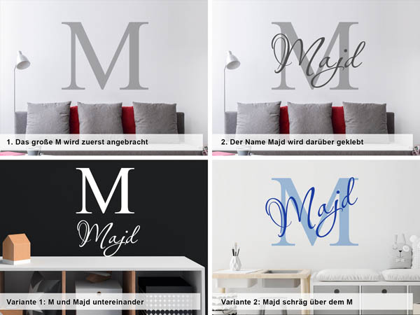 Verschiedene Anordnungen des Wandtattoos Majd