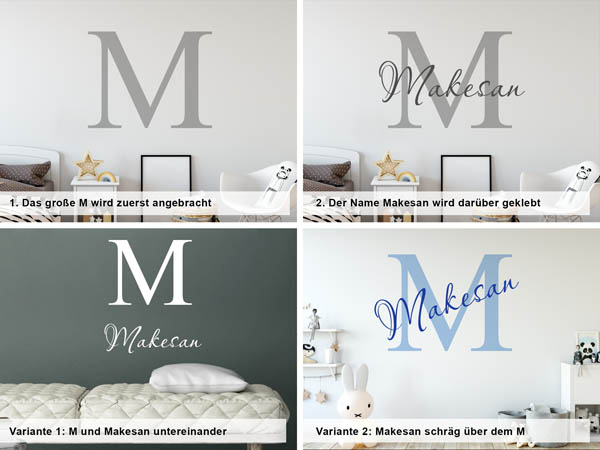Verschiedene Anordnungen des Wandtattoos Makesan