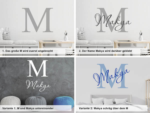 Verschiedene Anordnungen des Wandtattoos Makya