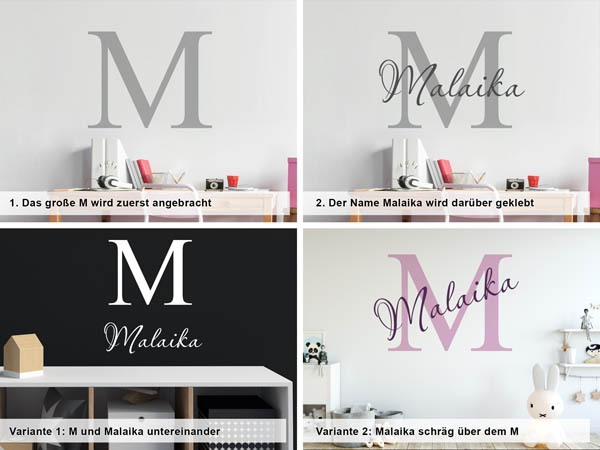 Verschiedene Anordnungen des Wandtattoos Malaika