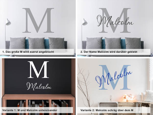 Verschiedene Anordnungen des Wandtattoos Malcolm