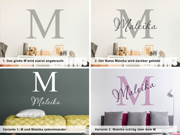 Verschiedene Anordnungen des Wandtattoos Maleika