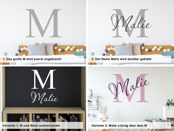 Verschiedene Anordnungen des Wandtattoos Malie