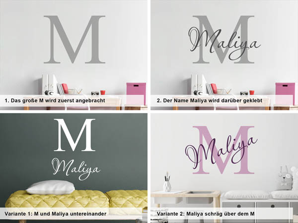 Verschiedene Anordnungen des Wandtattoos Maliya
