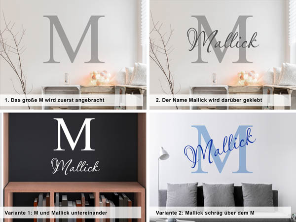 Verschiedene Anordnungen des Wandtattoos Mallick