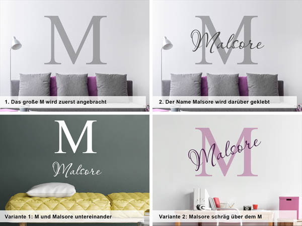 Verschiedene Anordnungen des Wandtattoos Malsore