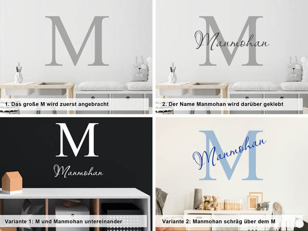 Verschiedene Anordnungen des Wandtattoos Manmohan