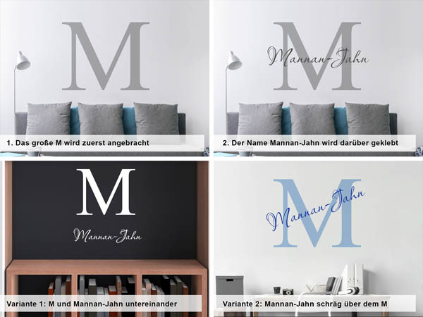 Verschiedene Anordnungen des Wandtattoos Mannan-Jahn