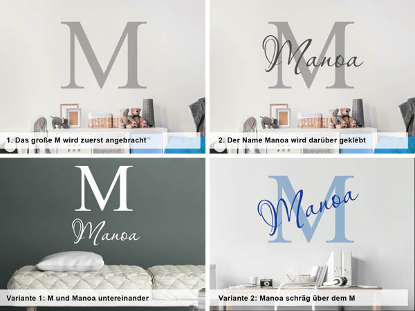 Verschiedene Anordnungen des Wandtattoos Manoa