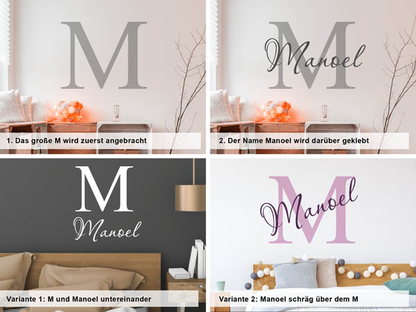 Verschiedene Anordnungen des Wandtattoos Manoel