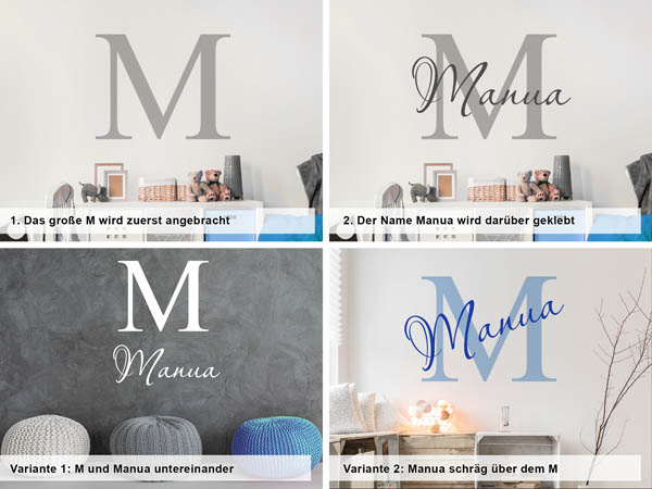 Verschiedene Anordnungen des Wandtattoos Manua