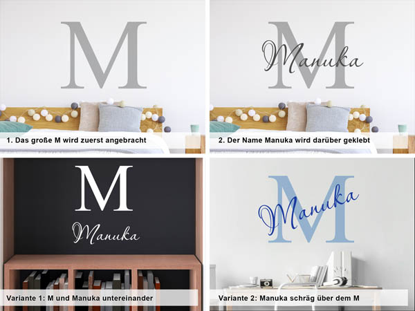 Verschiedene Anordnungen des Wandtattoos Manuka