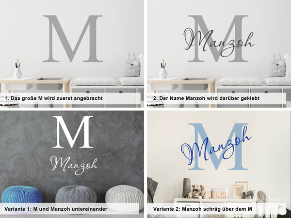 Verschiedene Anordnungen des Wandtattoos Manzoh
