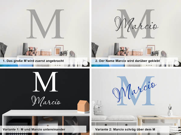 Verschiedene Anordnungen des Wandtattoos Marcio