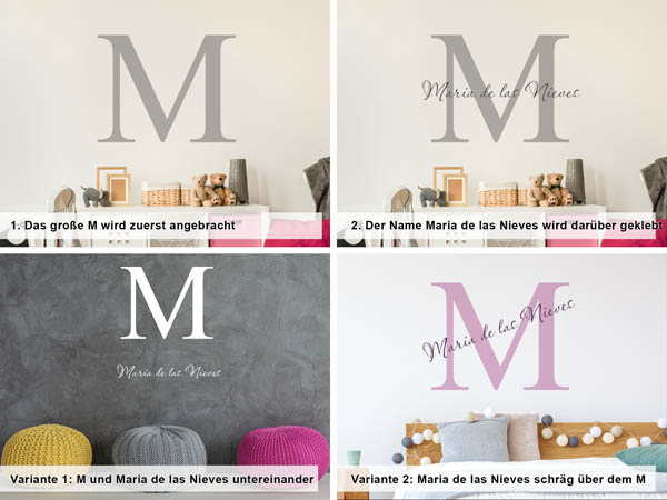Verschiedene Anordnungen des Wandtattoos Maria de las Nieves