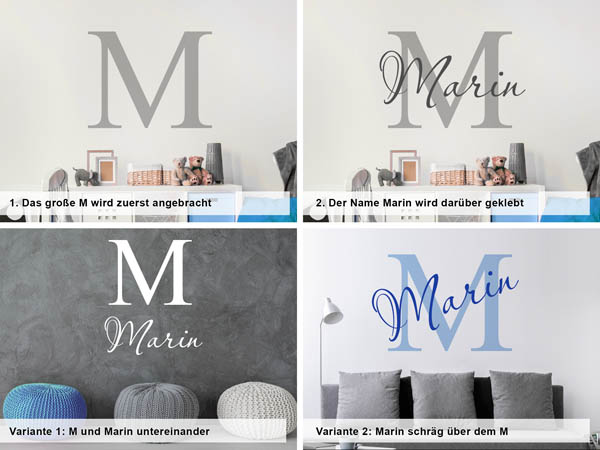 Verschiedene Anordnungen des Wandtattoos Marin