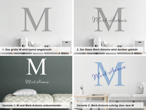 Verschiedene Anordnungen des Wandtattoos Mark-Antonio