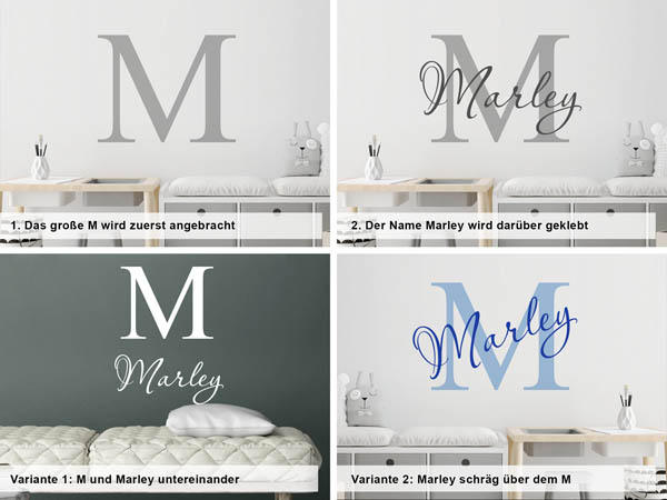 Verschiedene Anordnungen des Wandtattoos Marley