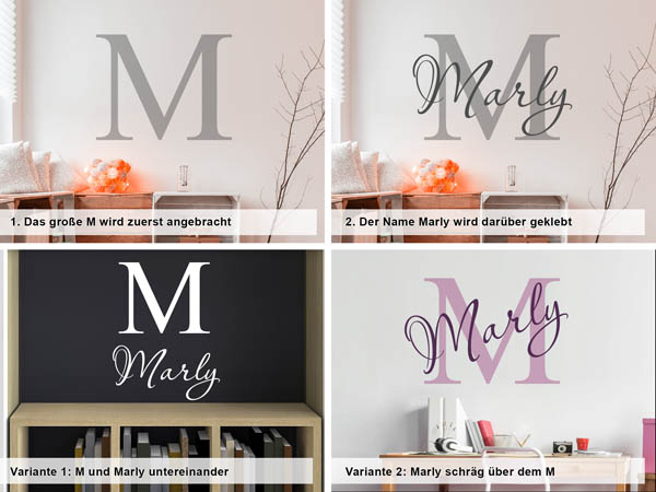 Verschiedene Anordnungen des Wandtattoos Marly