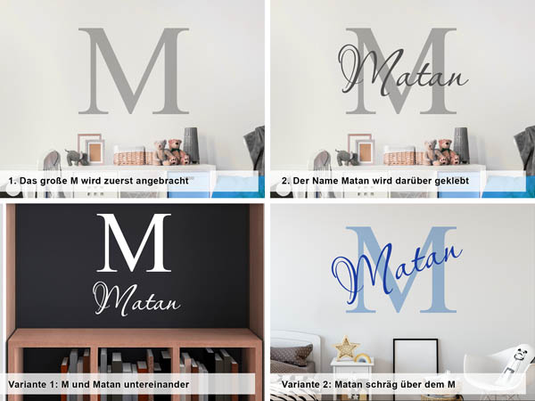 Verschiedene Anordnungen des Wandtattoos Matan