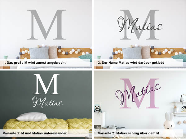 Verschiedene Anordnungen des Wandtattoos Matías