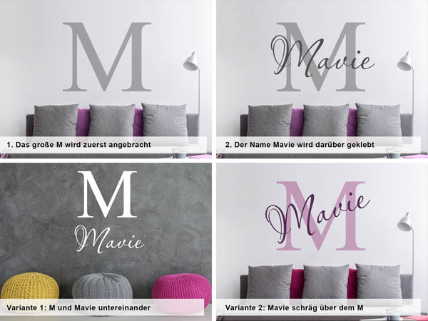 Verschiedene Anordnungen des Wandtattoos Mavie