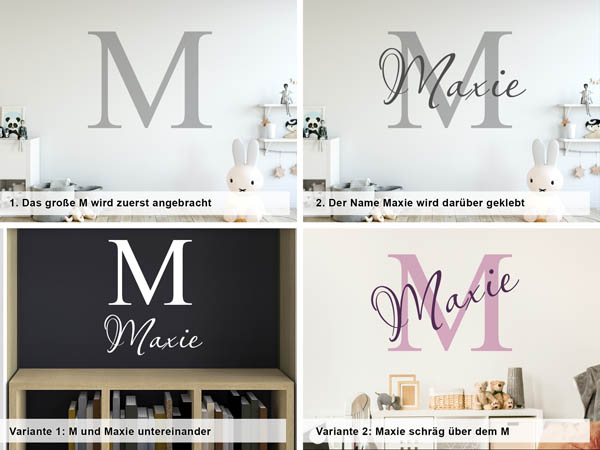 Verschiedene Anordnungen des Wandtattoos Maxie