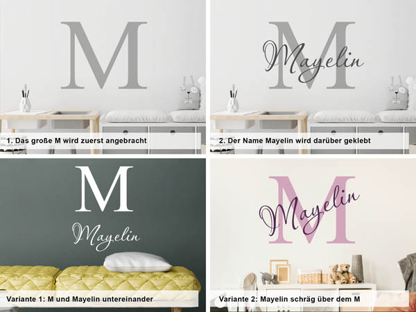 Verschiedene Anordnungen des Wandtattoos Mayelin