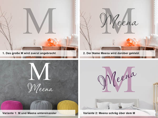 Verschiedene Anordnungen des Wandtattoos Meena