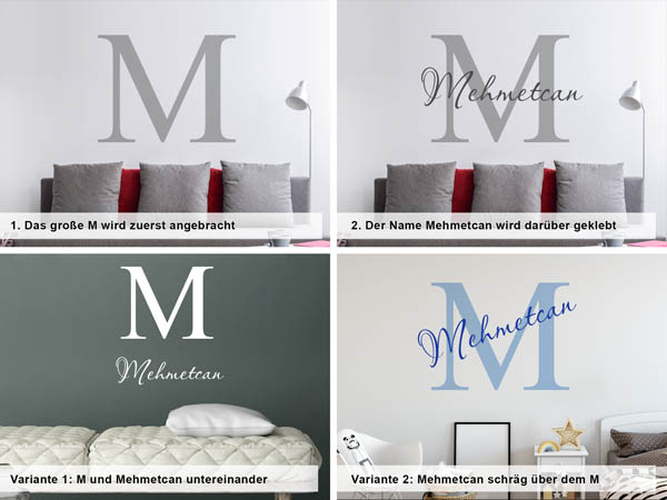 Verschiedene Anordnungen des Wandtattoos Mehmetcan