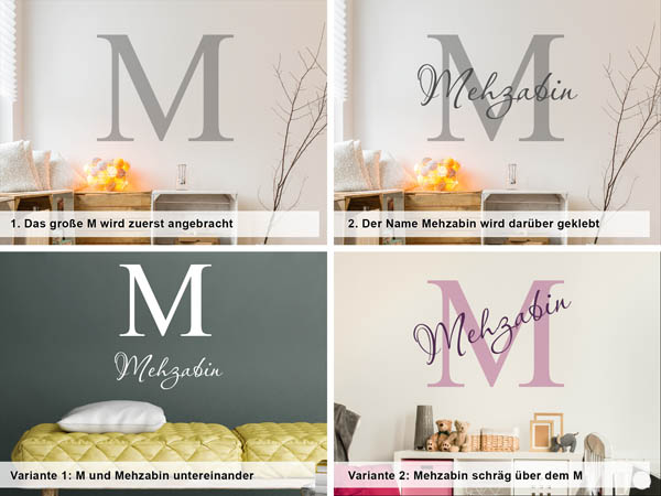 Verschiedene Anordnungen des Wandtattoos Mehzabin