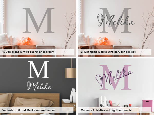 Verschiedene Anordnungen des Wandtattoos Melika