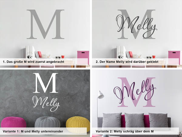Verschiedene Anordnungen des Wandtattoos Melly