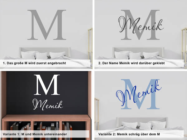 Verschiedene Anordnungen des Wandtattoos Memik