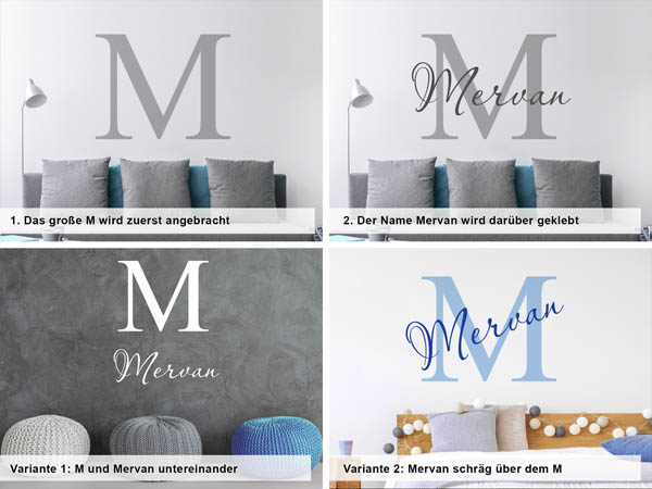 Verschiedene Anordnungen des Wandtattoos Mervan