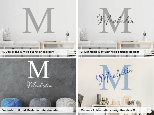 Verschiedene Anordnungen des Wandtattoos Mevludin