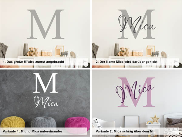 Verschiedene Anordnungen des Wandtattoos Mica