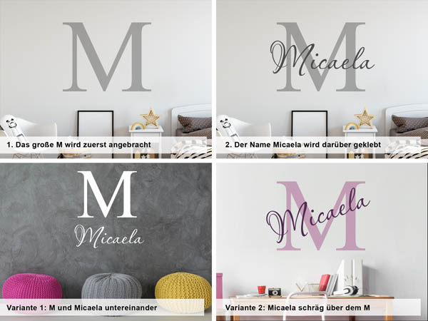 Verschiedene Anordnungen des Wandtattoos Micaela