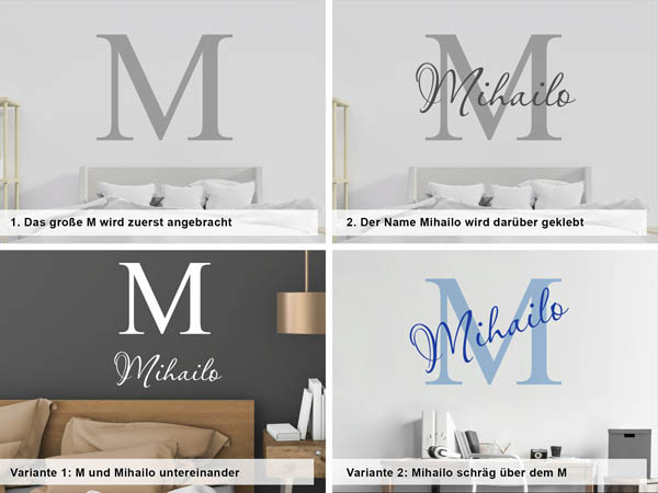 Verschiedene Anordnungen des Wandtattoos Mihailo