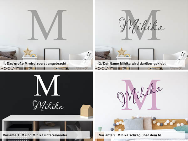 Verschiedene Anordnungen des Wandtattoos Mihika