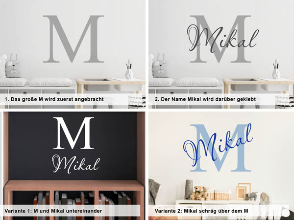Verschiedene Anordnungen des Wandtattoos Mikal
