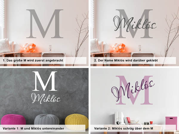 Verschiedene Anordnungen des Wandtattoos Miklós